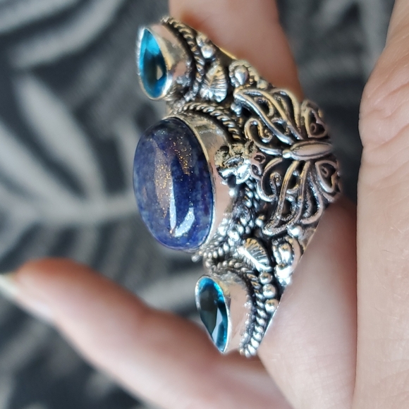 New Lapis Lazuli & Blue Topaz 925 Silver Butterflies Statement Ring. - Picture 5 of 14